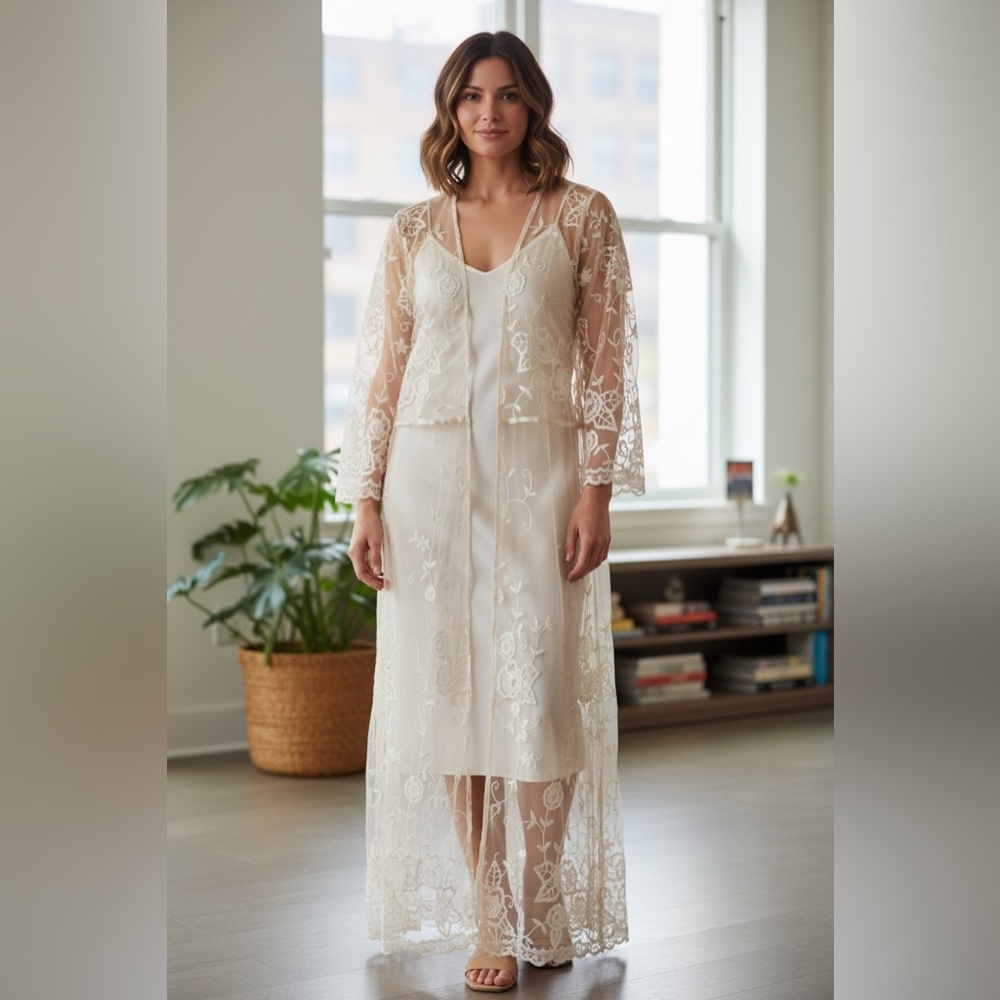 Francesca's Cream Floral Embroidery Lace Kimono